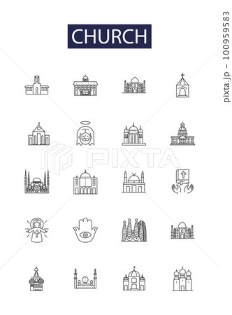 Church line vector icons and signs. sanctuary, chapel, congregation, faith, worship, religion, divinity, scripture outline vector illustration set 100959583