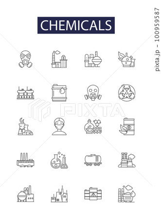Chemicals line vector icons and signs. Solvents, Compounds, Compounds, Reagents, Gases, Halides, Metals, Oxides outline vector illustration set Chemicals line vector icons and signs. Solvents, Compounds, Compounds, Reagents, Gases, Halides, Metals, Oxides outline vector illustration set 100959587