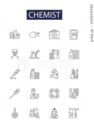 Chemist line vector icons and signs. pharmacist, apothecary, formulator, pharmacologist, toxicologist, analytical, biochemist, lab outline vector illustration set 100959590