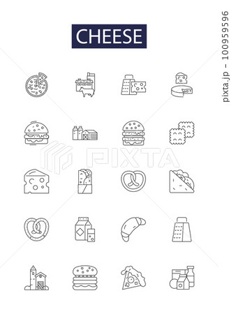 Cheese line vector icons and signs. Cheddar, Camembert, Brie, Feta, Gouda, Mozzarella, Blue, Ricotta outline vector illustration set Cheese line vector icons and signs. Cheddar, Camembert, Brie, Feta, Gouda, Mozzarella, Blue, Ricotta outline vector illustration set 100959596