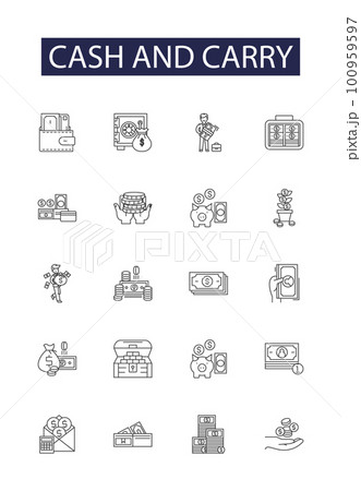 Cash and carry line vector icons and signs. Pay, Carry, Transaction, Shop, Buy, Trade, Shopping, Retail outline vector illustration set 100959597