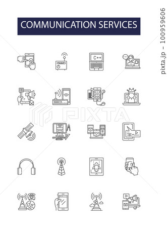 Communication services line vector icons and signs. Telephony, Messaging, Email, Video, Network, Instant, Data, Broadcast outline vector illustration set 100959606