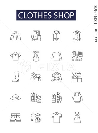 Clothes shop line vector icons and signs. fashion, clothing, retail, shop, clothes, boutique, sale,woman outline vector illustration set 100959610