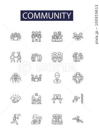 Community line vector icons and signs. Networking, Sharing, Support, Cooperation, Connect, United, Bonding, Caring outline vector illustration set Community line vector icons and signs. Networking, Sharing, Support, Cooperation, Connect, United, Bonding, Caring outline vector illustration set 100959613