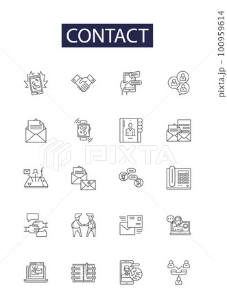 Contact line vector icons and signs. Touch, Reach, Converse, Relate, Interact, Commune, Telephone, Telecommunicate outline vector illustration set 100959614