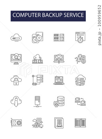 Computer backup service line vector icons and signs. Service, Computer, Storage, Online, Automated, Solution, Cloud, System outline vector illustration set Computer backup service line vector icons and signs. Service, Computer, Storage, Online, Automated, Solution, Cloud, System outline vector illustration set 100959652