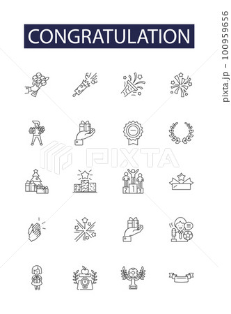 Congratulation line vector icons and signs. Gratitude, Praise, Applaud, Cheers, Clap, Salute, Admire, Encouragement outline vector illustration set 100959656