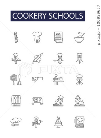 Cookery schools line vector icons and signs. Schools, Culinary, Institutes, Education, Recipes, Baking, Teaching, Classes outline vector illustration set Cookery schools line vector icons and signs. Schools, Culinary, Institutes, Education, Recipes, Baking, Teaching, Classes outline vector illustration set 100959657