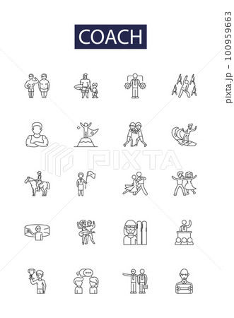 Coach line vector icons and signs. Trainer, Adviser, Guide, Tutor, Facilitator, Consultant, Instructor, Director outline vector illustration set 100959663