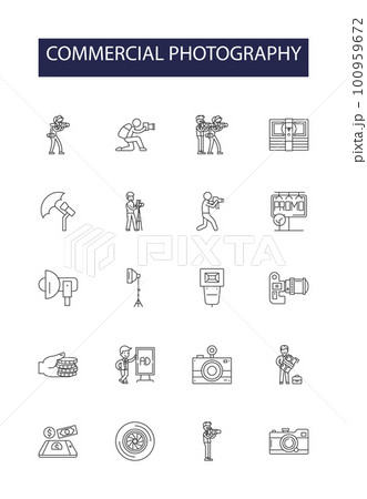 Commercial photography line vector icons and signs. Photography, Product, Studio, Food, Corporate, Image, Advertising, Architectural outline vector illustration set 100959672