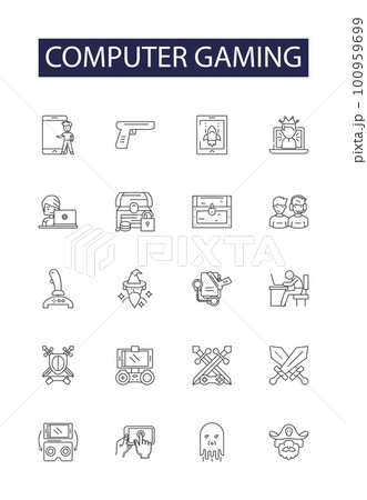Computer gaming line vector icons and signs. Gaming, Console, Strategy, Shooter, Adventure, RPG, Virtual, Multiplayer outline vector illustration set 100959699