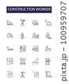 Construction worker line vector icons and signs. Mason, Carpenter, Plumber, Electrician, Roofer, Laborer, Ironworker, Operator outline vector illustration set 100959707