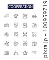 Cooperation line vector icons and signs. fellowship, unity, harmony, alliance, coordination, union, concord, concurrence outline vector illustration set 100959719