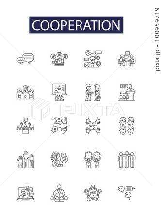 Cooperation line vector icons and signs. fellowship, unity, harmony, alliance, coordination, union, concord, concurrence outline vector illustration set 100959719
