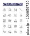Computer repair line vector icons and signs. Laptop, Desktop, Troubleshoot, Virus, Malware, Monitor, Keyboard, Install outline vector illustration set 100959720