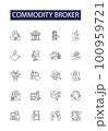Commodity broker line vector icons and signs. broker, stockbroker, trader, investor, futures, dealing, derivatives, arbitrage outline vector illustration set 100959721