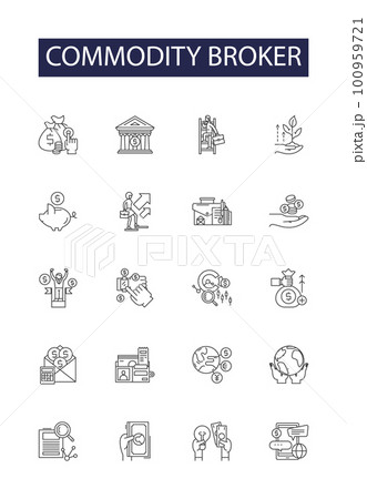 Commodity broker line vector icons and signs. broker, stockbroker, trader, investor, futures, dealing, derivatives, arbitrage outline vector illustration set 100959721