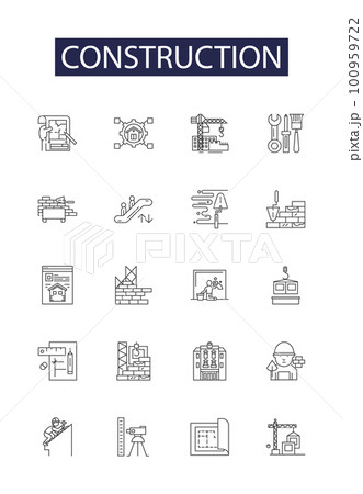 Construction line vector icons and signs. Masonry, Design, Renovation, Civil, Engineering, Concrete, Architecture, Material outline vector illustration set 100959722