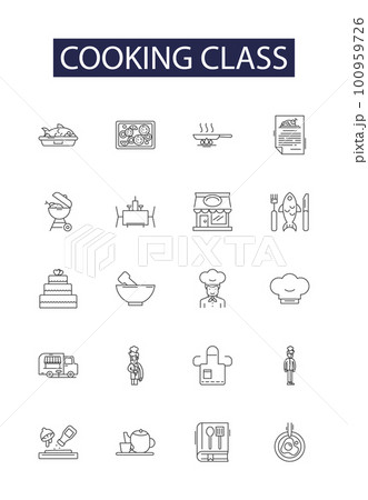 Cooking class line vector icons and signs. food, kitchen, people, class, woman, culinary, school,meal outline vector illustration set Cooking class line vector icons and signs. food, kitchen, people, class, woman, culinary, school,meal outline vector illustration set 100959726