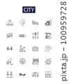 City line vector icons and signs. Municipality, Metropolis, Urban, Settlement, Conurbation, Community, Capital, Place outline vector illustration set 100959728