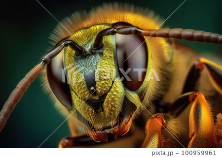 A macro extreme closeup of fluffy bumblebee. AI generative image 100959961