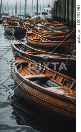 Small wooden boats in marina next to piers, AI generative image 100959963