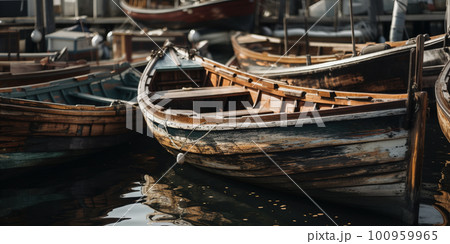 Small wooden boats in marina next to piers, AI generative image 100959965