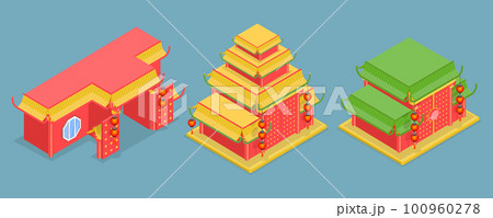3D Isometric Flat Vector Set of Chinese Temples 100960278