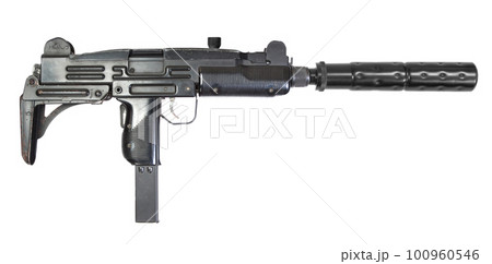 UZI submachine gun with silencer on white background 100960546