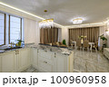Studio apartment featuring classic kitchen with island serving as dining area 100960958