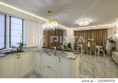 Studio apartment featuring classic kitchen with island serving as dining area 100960958