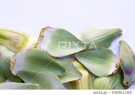 Fresh artichoke petals on white background Fresh artichoke petals on white background 100961169