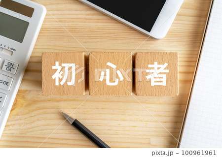 初心者と書かれたブロックが置かれた机 100961961