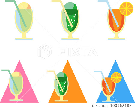 カラフルな夏の飲み物のイラストセット クリームソーダ、オレンジジュース カラフルな夏の飲み物のイラストセット クリームソーダ、オレンジジュース 100962187