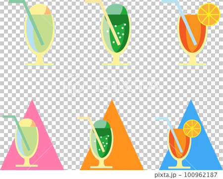 カラフルな夏の飲み物のイラストセット クリームソーダ、オレンジジュース カラフルな夏の飲み物のイラストセット クリームソーダ、オレンジジュース 100962187