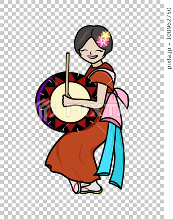 A woman holding a taiko drum and performing the Iwate Sansa Dance A woman holding a taiko drum and performing the Iwate Sansa Dance 100962750