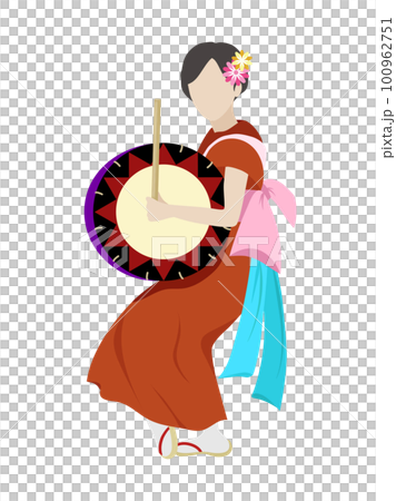 太鼓を持って岩手のさんさ踊りをする女性 太鼓を持って岩手のさんさ踊りをする女性 100962751