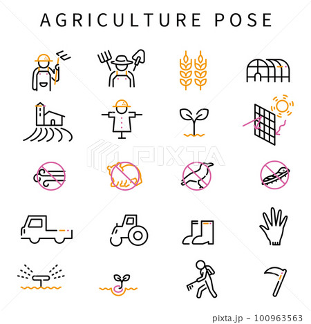 3色の線画アイコン　農業 その1  黒基調 100963563