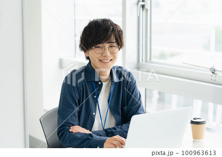 オフィスでパソコン操作するビジネスマン オフィスでパソコン操作するビジネスマン 100963613