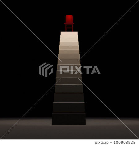 高そびえる階段の頂上の椅子。権威と権力。疑心暗鬼を表す抽象的なコンセプト。 高そびえる階段の頂上の椅子。権威と権力。疑心暗鬼を表す抽象的なコンセプト。 100963928