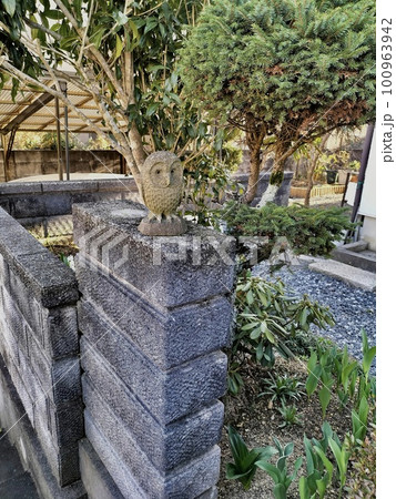 門柱の上に置いた石製の梟の置物の写真素材 [100963942] - PIXTA