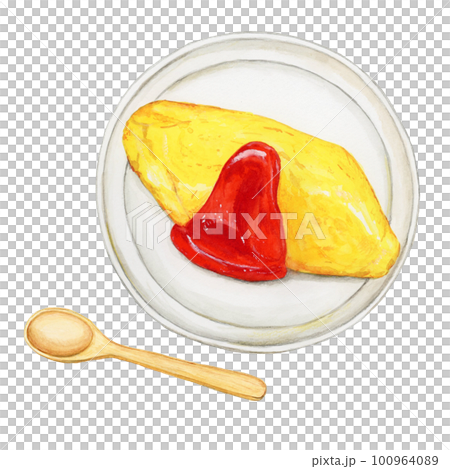Hand drawn watercolor simple omelet rice and spoon set illustration 100964089