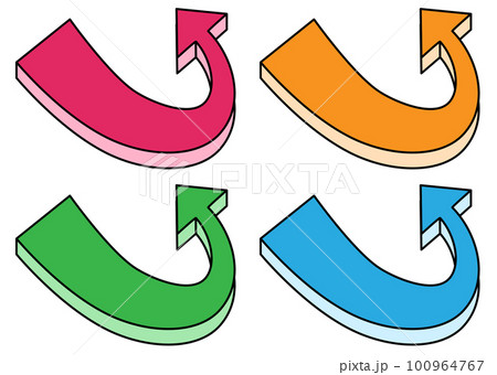 3Dの奥にぐるり回る矢印4色セット 輪郭線あり 3Dの奥にぐるり回る矢印4色セット 輪郭線あり 100964767