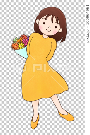花束を持つ女性の手描きイラストのイラスト素材 [100964961] - PIXTA