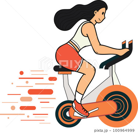 Fitness girl riding a bicycle in the fitness center illustration in doodle style 100964999