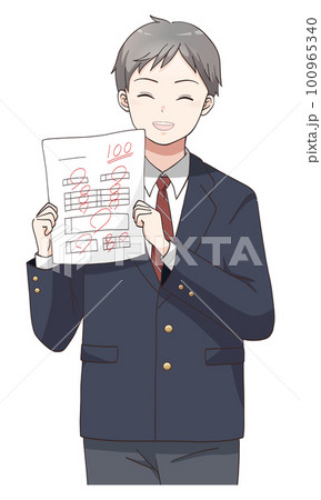 100点満点成績が上がって喜ぶ男子学生のイラスト 100965340
