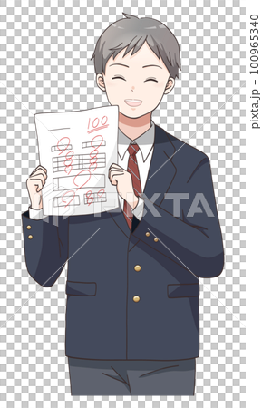 100点満点成績が上がって喜ぶ男子学生のイラスト 100965340