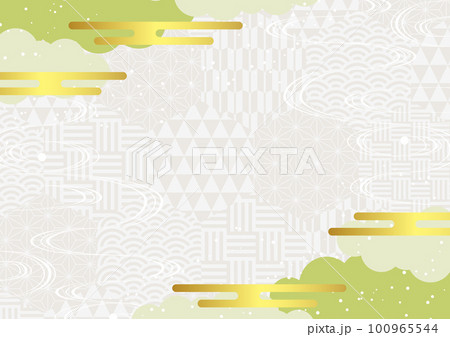 白地に緑の雲と六角和柄背景ヨコ 100965544