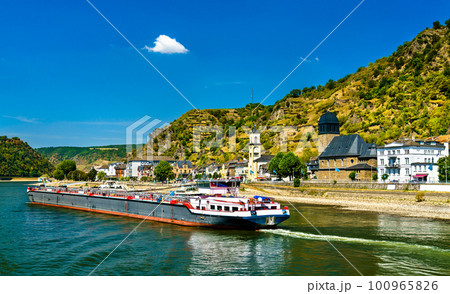 Cargo ship on the Rhine at Sankt Goarshausen in the Rhine Gorge, Germany Cargo ship on the Rhine at Sankt Goarshausen in the Rhine Gorge, Germany 100965826