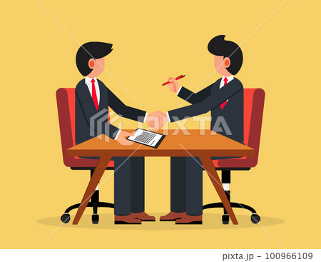 Business handshake. Businessmen shaking hands on negotiating table with signs signing Business handshake. Businessmen shaking hands on negotiating table with signs signing 100966109